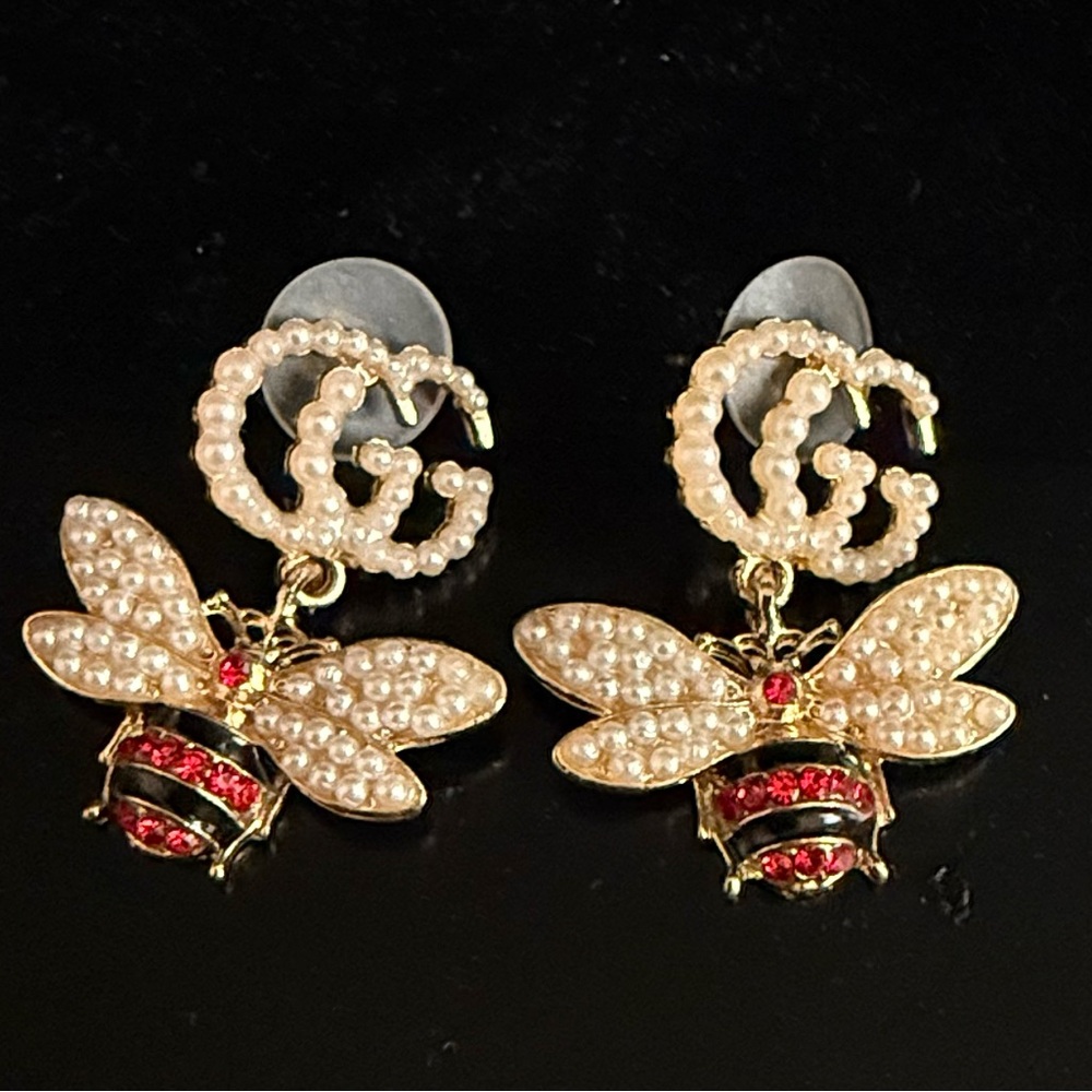 Elegant Gold and Red Bee Earrings